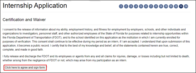 Page 13 click button to certify consent and waiver to allow FDOT staff to review the application