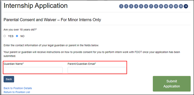 Page 14 confirm over 18 or add parent/guardian information